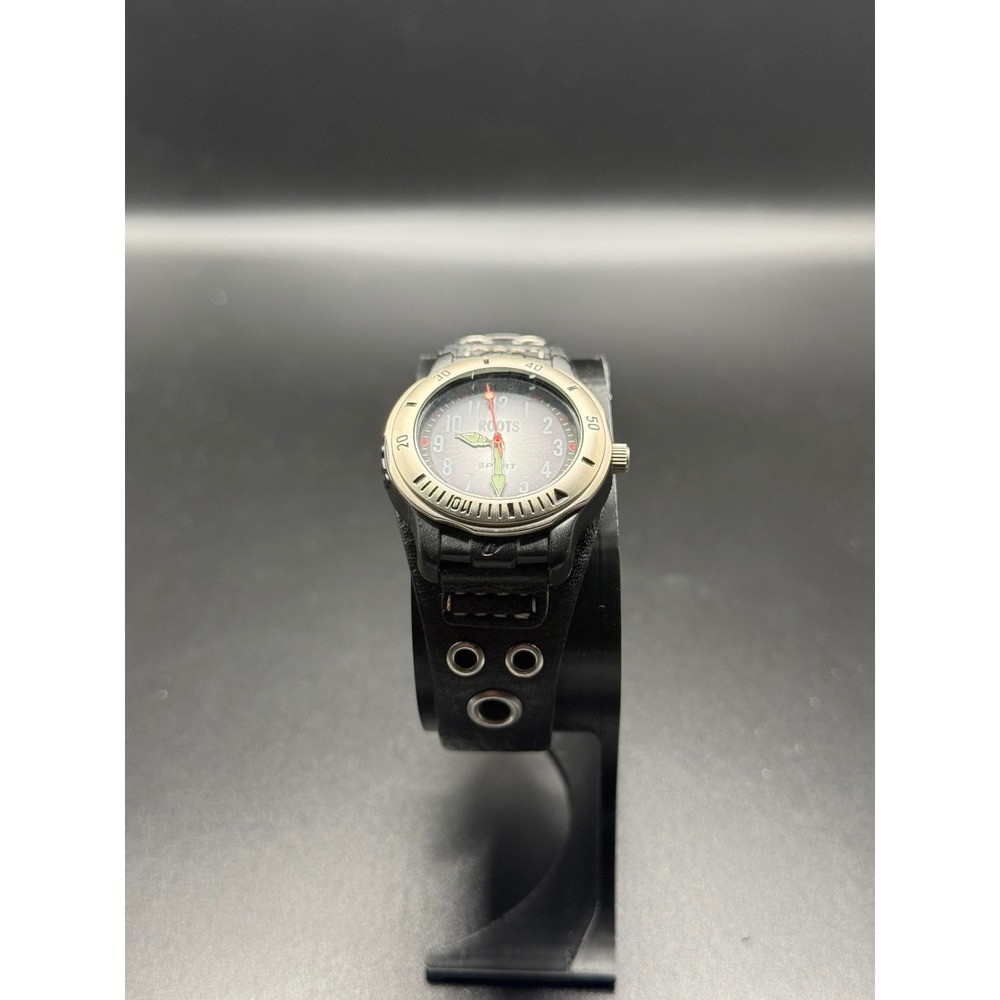Roots Sport Quartz Watch Black Leather Cuff Band Dive Style Bezel